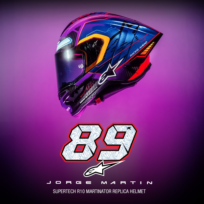 Alpinestars Supertech R-10 limited edition Martinator Jorge Martin blå-lilla-rød-gul integreret motorcykelhjelm