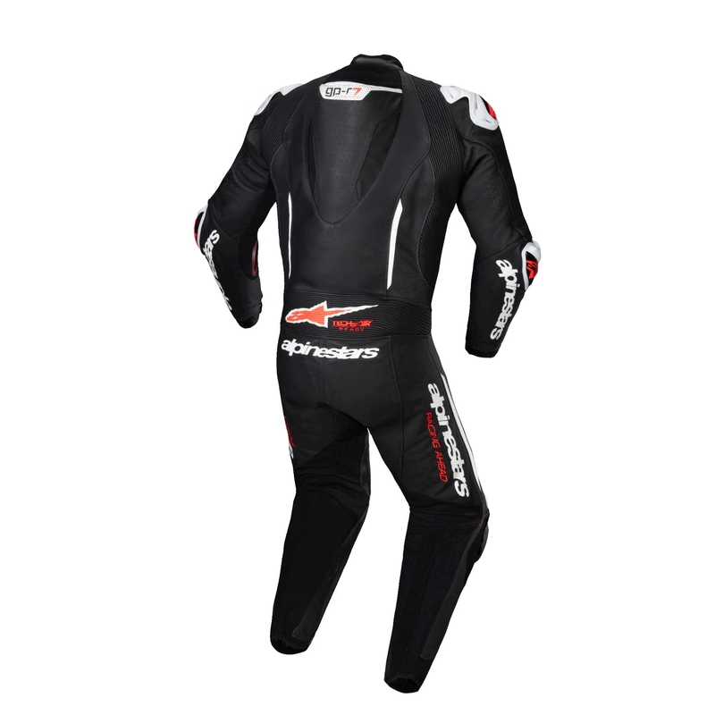 Alpinestars GP-R7 Tech-Air-klar/kompatibel sort-hvid-fluorrød motorcykeldragt i ét stykke læder