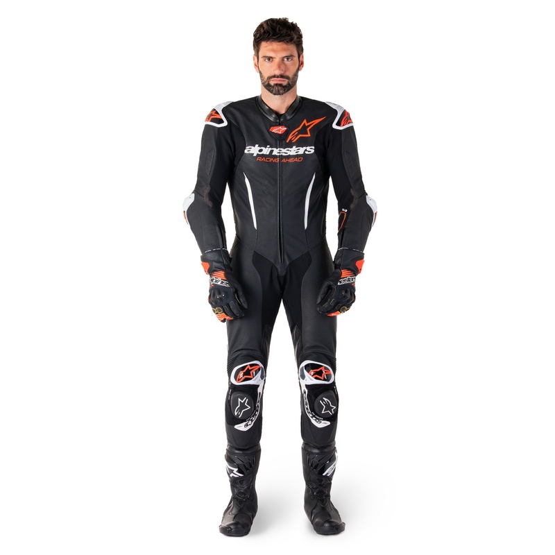 Alpinestars GP-R7 Tech-Air-klar/kompatibel sort-hvid-fluorrød motorcykeldragt i ét stykke læder