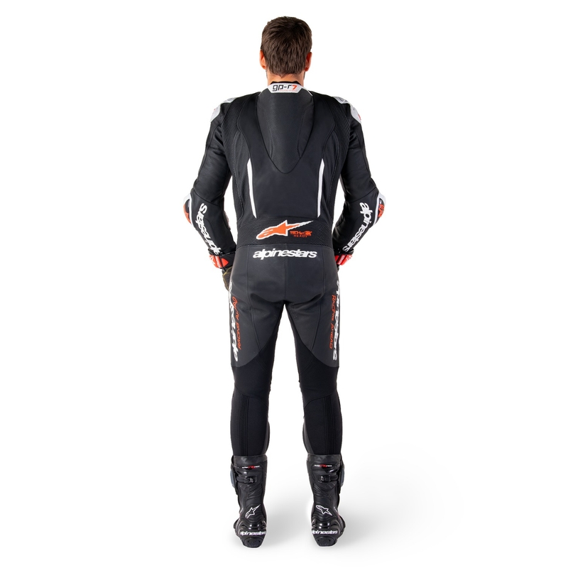 Alpinestars GP-R7 Tech-Air-klar/kompatibel sort-hvid-fluorrød motorcykeldragt i ét stykke læder