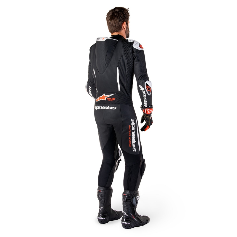 Alpinestars GP-R7 Tech-Air-klar/kompatibel sort-hvid-fluorrød motorcykeldragt i ét stykke læder