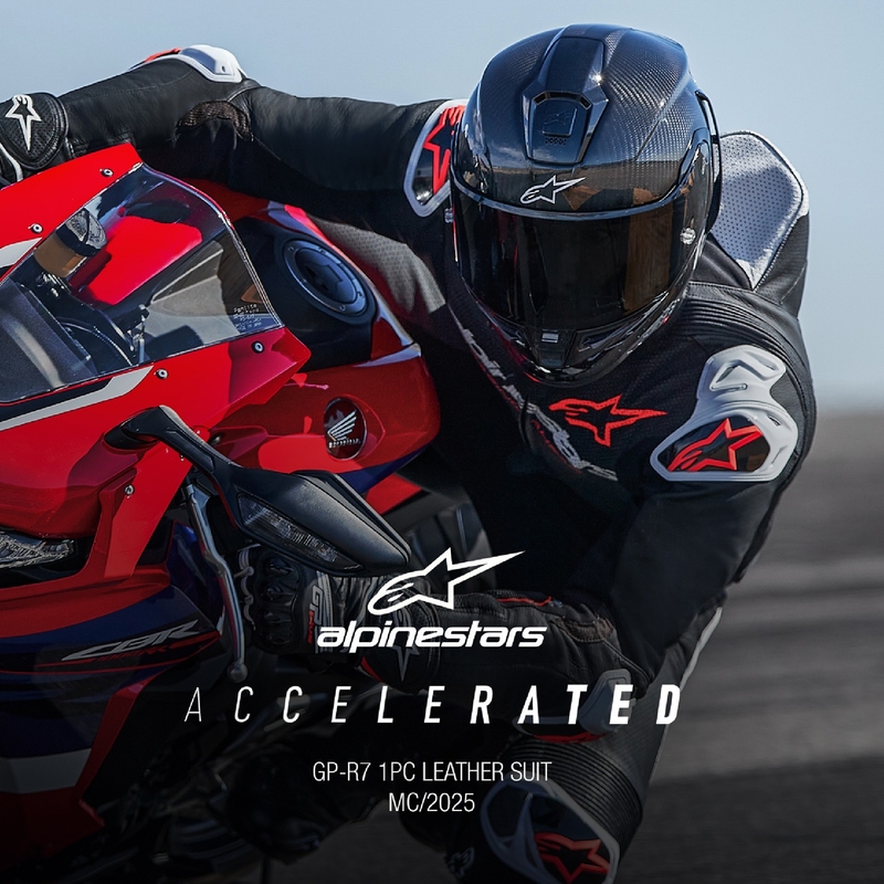 Alpinestars GP-R7 Tech-Air-klar/kompatibel sort-hvid-fluorrød motorcykeldragt i ét stykke læder