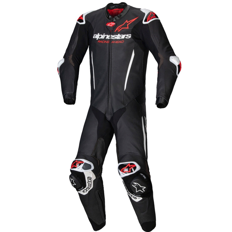 Alpinestars GP-R7 Tech-Air-klar/kompatibel sort-hvid-fluorrød motorcykeldragt i ét stykke læder