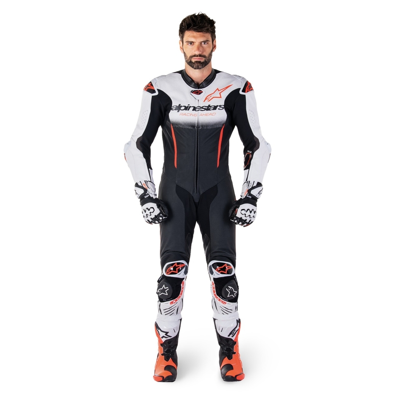 Alpinestars GP-R7 Tech-Air klar/kompatibel hvid-sort-fluorrød heldragt i læder i ét stykke