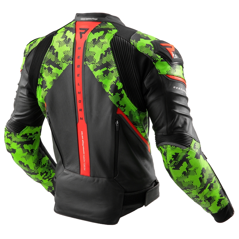 Rebelhorn Veloce sort-camo grøn-fluorrød motorcykeljakke i læder