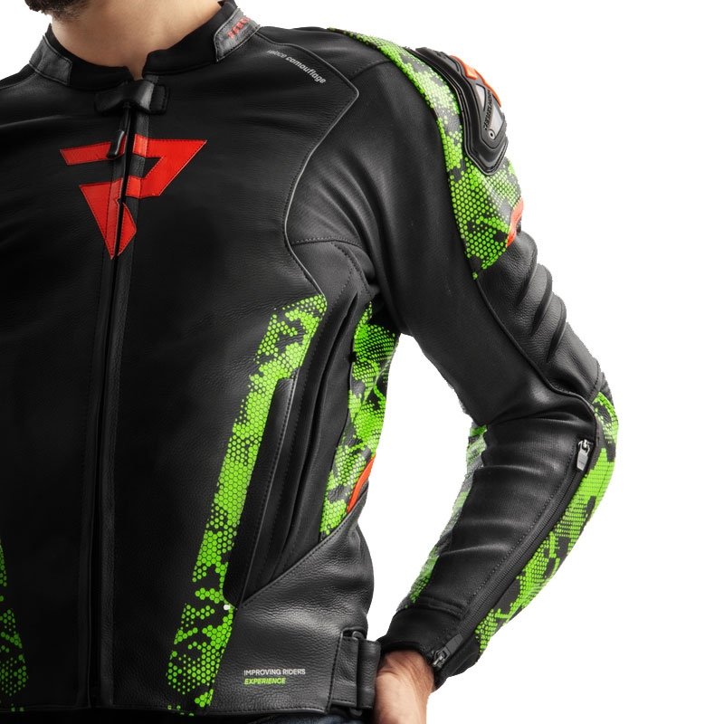 Rebelhorn Veloce sort-camo grøn-fluorrød motorcykeljakke i læder