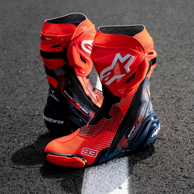 Alpinestars Supertech R Vented limited edition MM93 Marc Marquez fluo red-blue-black motorcykelstøvler