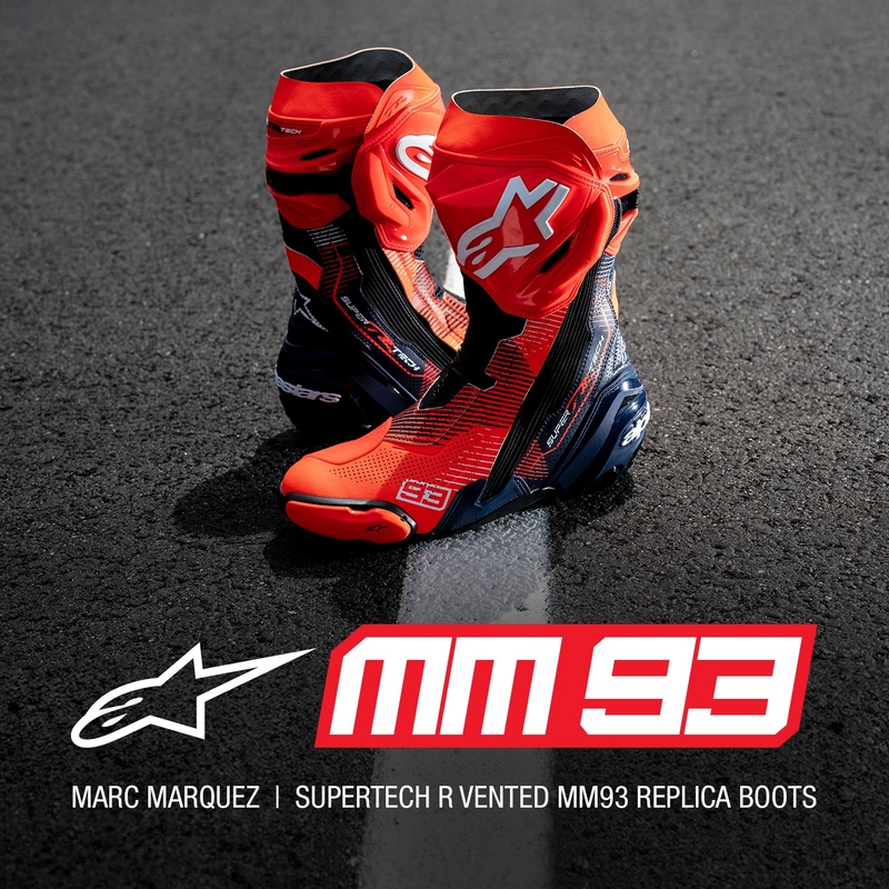 Alpinestars Supertech R Vented limited edition MM93 Marc Marquez fluo red-blue-black motorcykelstøvler