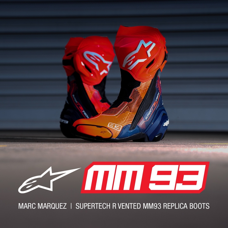 Alpinestars Supertech R Vented limited edition MM93 Marc Marquez fluo red-blue-black motorcykelstøvler