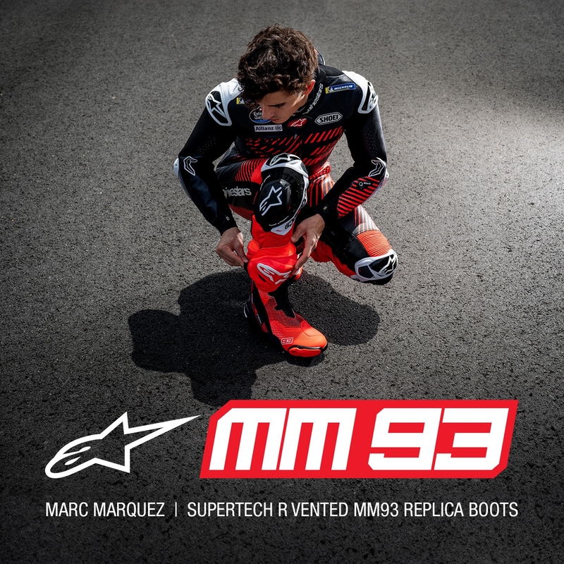Alpinestars Supertech R Vented limited edition MM93 Marc Marquez fluo red-blue-black motorcykelstøvler