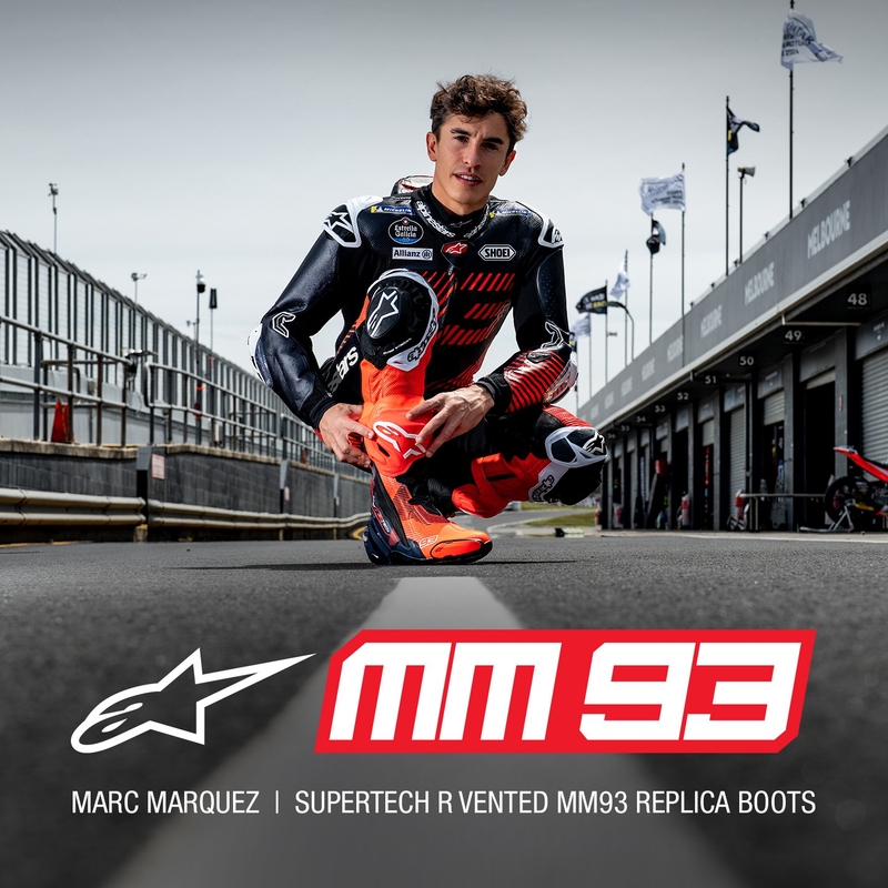 Alpinestars Supertech R Vented limited edition MM93 Marc Marquez fluo red-blue-black motorcykelstøvler