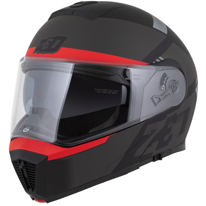Flip-up motorcykelhjelm ZED F19 mat sort-fluoro rød-grå