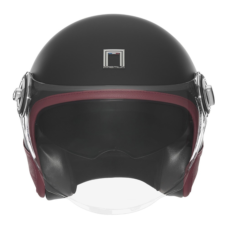 Åben motorcykelhjelm NOX PREMIUM Heritage matsort med rødt læder