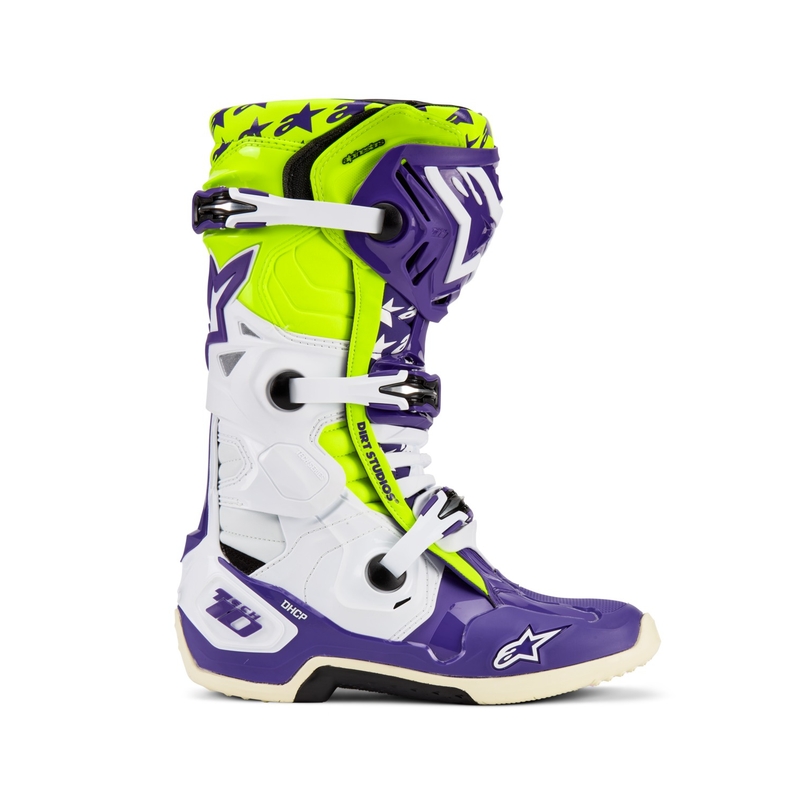 Alpinestars TECH 10 limited edition Dirt Studios lilla-hvid-fluogule motorcykelstøvler