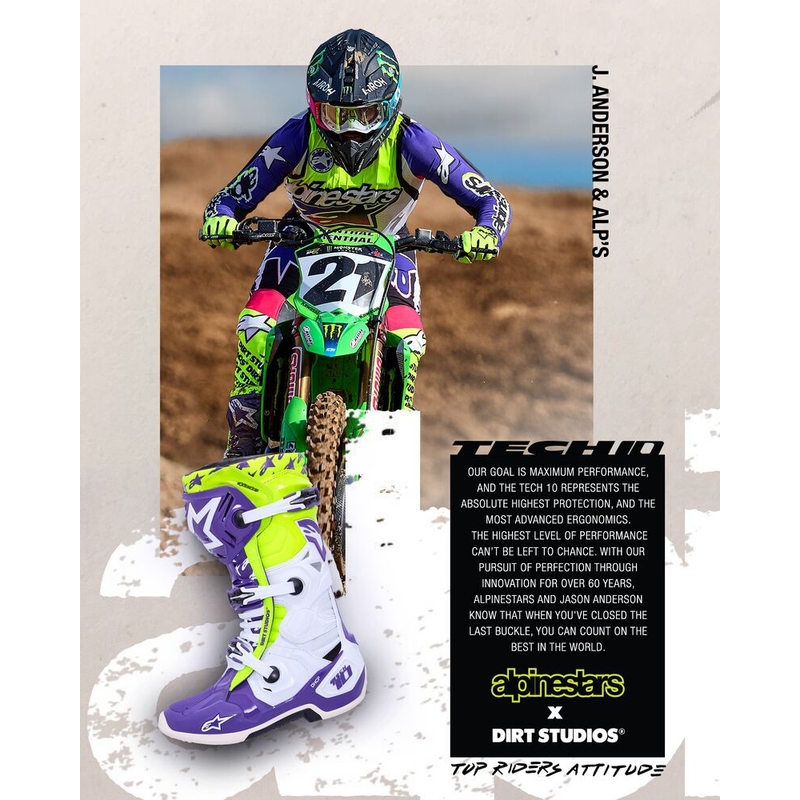 Alpinestars TECH 10 limited edition Dirt Studios lilla-hvid-fluogule motorcykelstøvler