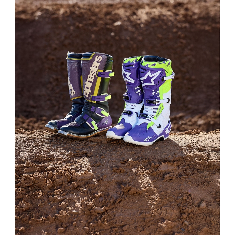 Alpinestars TECH 10 limited edition Dirt Studios lilla-hvid-fluogule motorcykelstøvler
