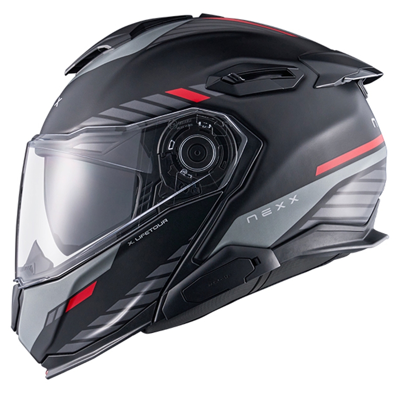Flip-up motorcykelhjelm Nexx X.Lifetour Globe mat sort-rød udsalg