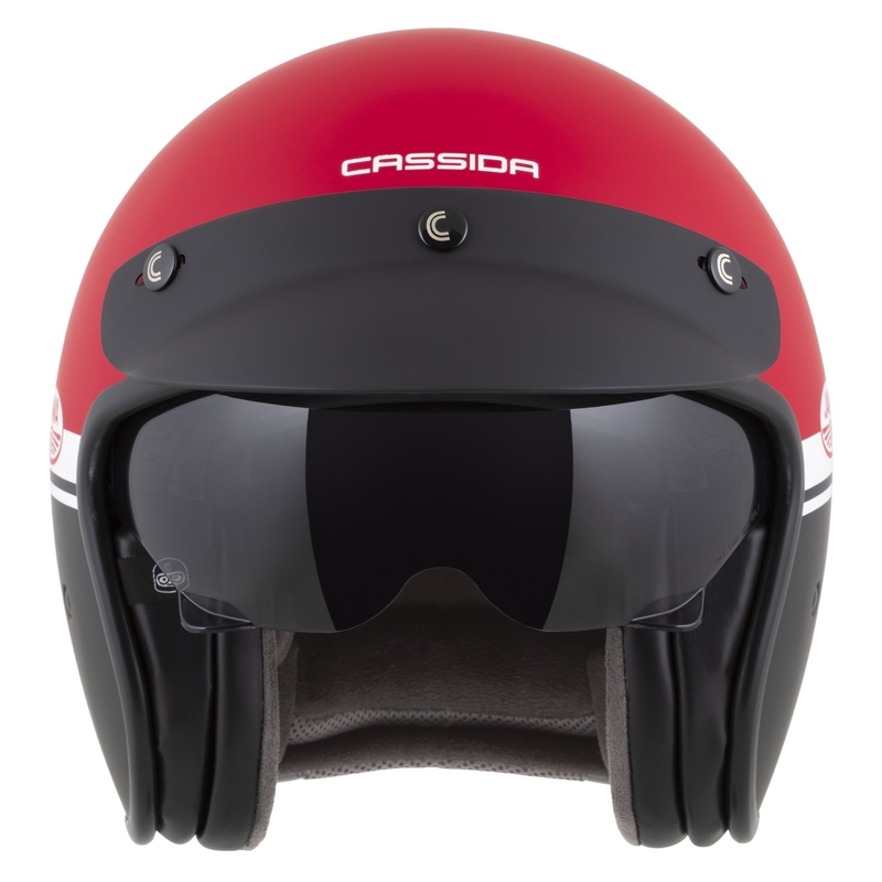 Open face motorcykelhjelm Cassida Oxygen 2.0 Jawa OHC mat rød-sort-hvid