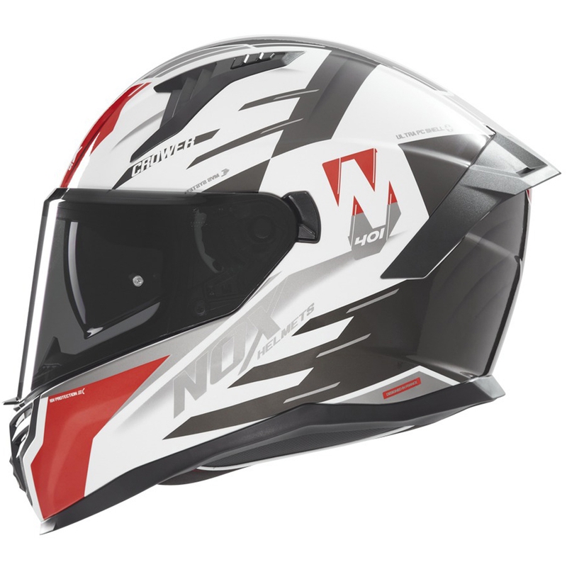 Full-face motorcykelhjelm NOX N401 Crower hvid-sort-rød
