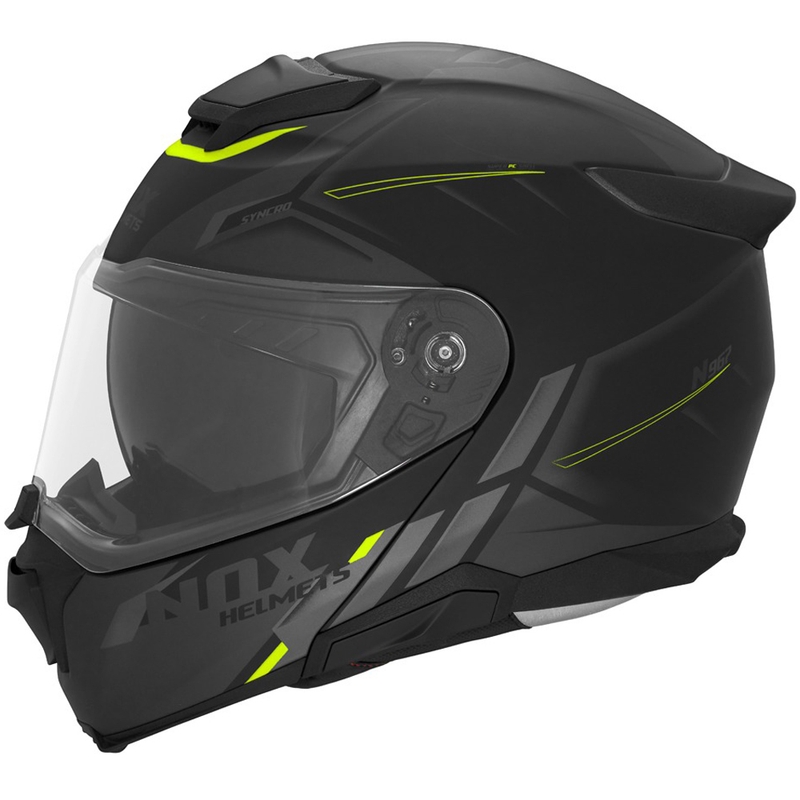 Flip-up motorcykelhjelm NOX N967 Synchro mat sort-fluo gul