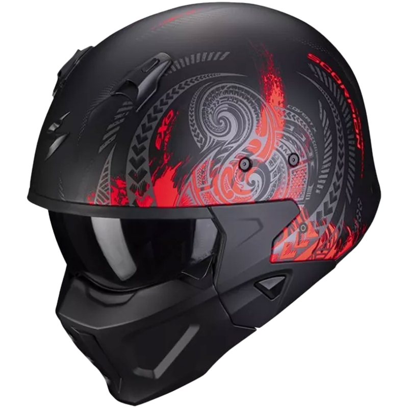 Åben hjelm med maske SCORPION COVERT-X TATTOO mat sort-rød