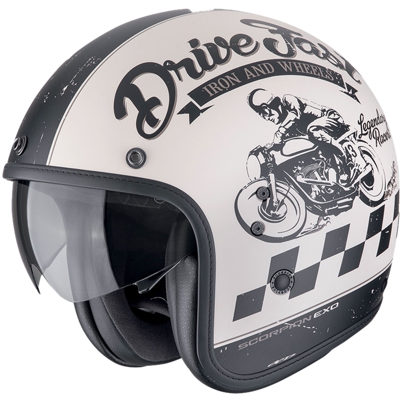 Åben motorcykelhjelm Scorpion Belfast Evo DRIVE FAST mat creme-sort