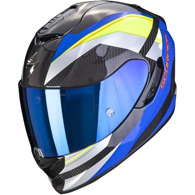 Integreret motorcykelhjelm Scorpion Exo-1400 Carbon Air Legione blå-fluogul