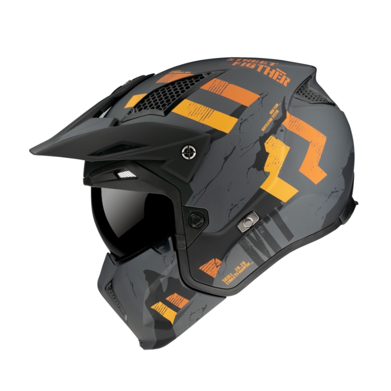 Åben ansigtshjelm med maske MT Streetfighter Skull 2020 grå-orange med iridiumvisir