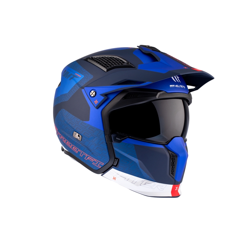 Åben ansigtshjelm med maske MT Streetfighter SV Totem C17 hvid-blå med iridiumvisir