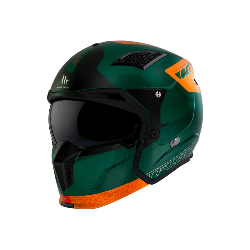 Åben ansigtshjelm med maske MT Streetfighter SV Totem C6 sort-orange-grøn med iridium plexiglas