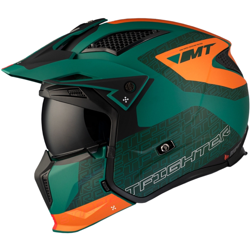 Åben ansigtshjelm med maske MT Streetfighter SV Totem C6 sort-orange-grøn med iridium plexiglas