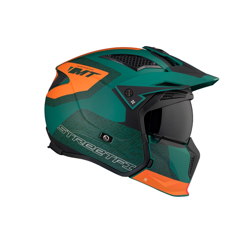 Åben ansigtshjelm med maske MT Streetfighter SV Totem C6 sort-orange-grøn med iridium plexiglas