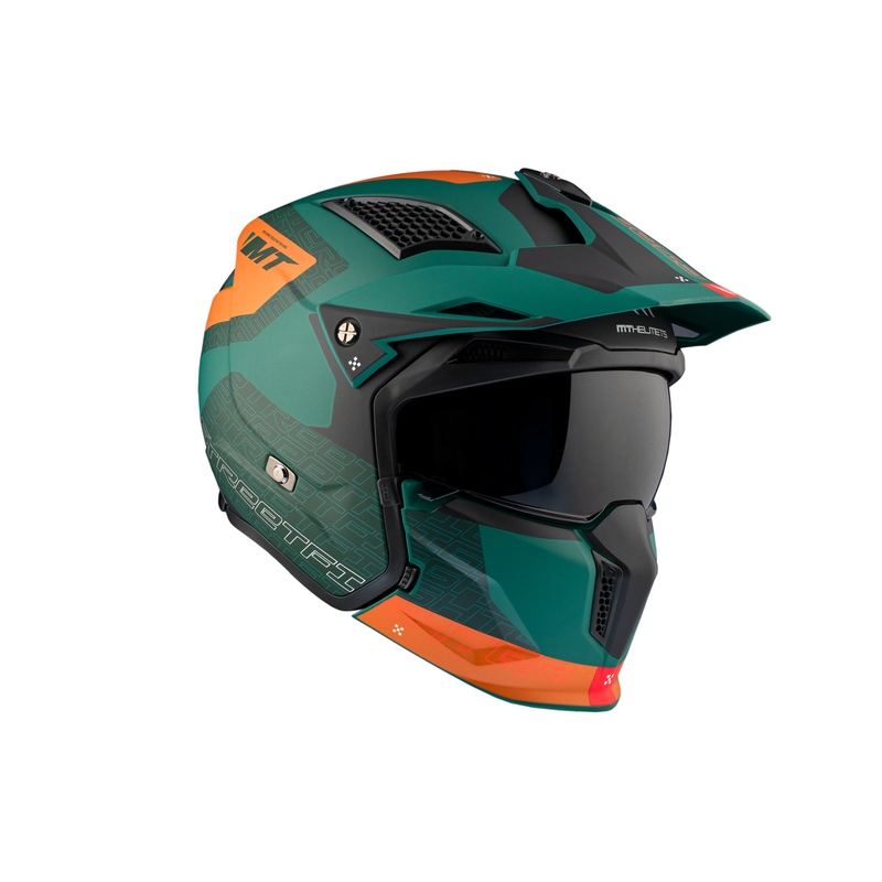 Åben ansigtshjelm med maske MT Streetfighter SV Totem C6 sort-orange-grøn med iridium plexiglas