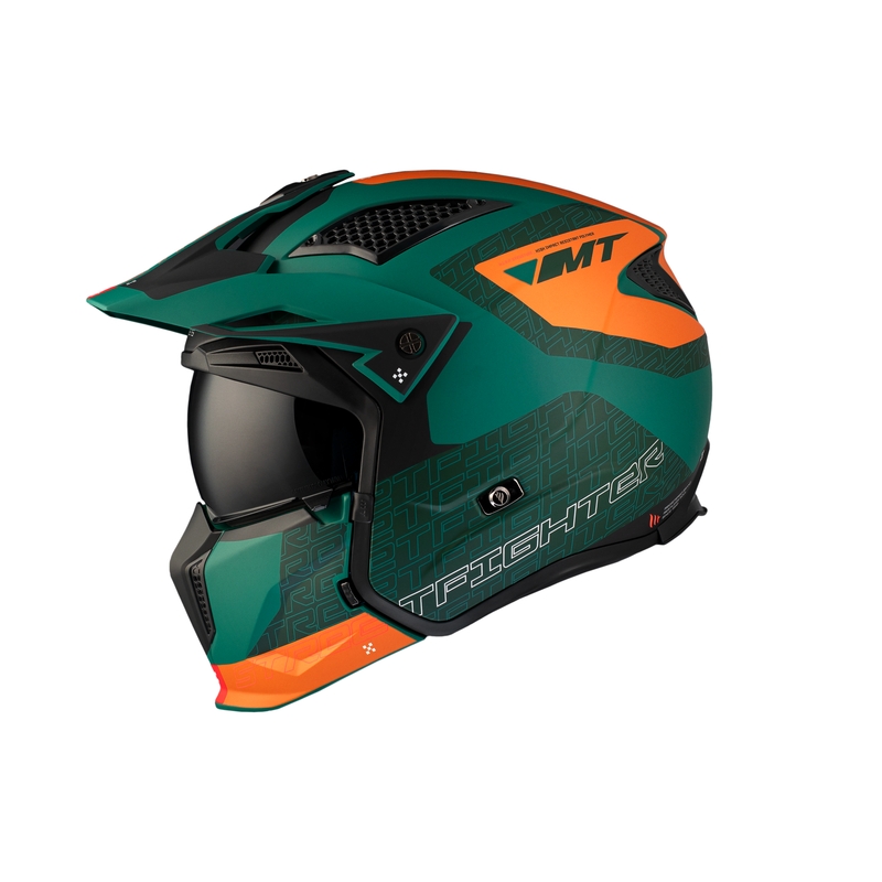 Åben ansigtshjelm med maske MT Streetfighter SV Totem C6 sort-orange-grøn med iridium plexiglas