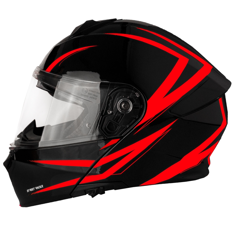 Street Racer Fury sort og rød flip-up motorcykelhjelm - II. kvalitet