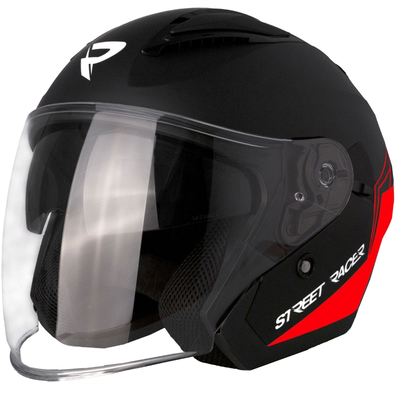 Åben motorcykelhjelm Street Racer Sonic mat sort-rød - II. kvalitet