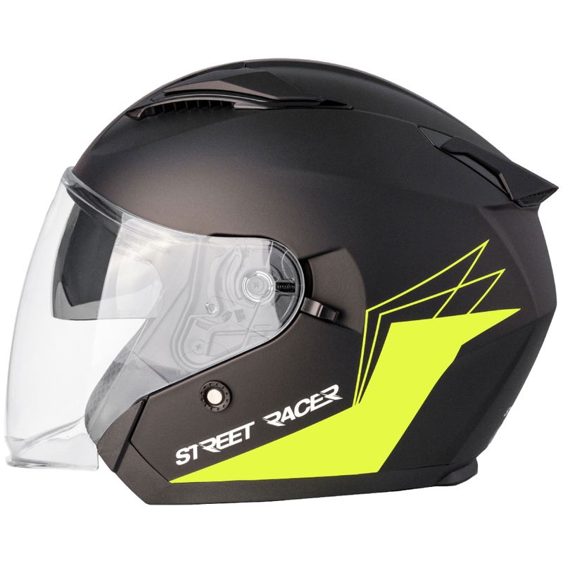 Åben motorcykelhjelm Street Racer Sonic mat sort-fluo gul - II. kvalitet