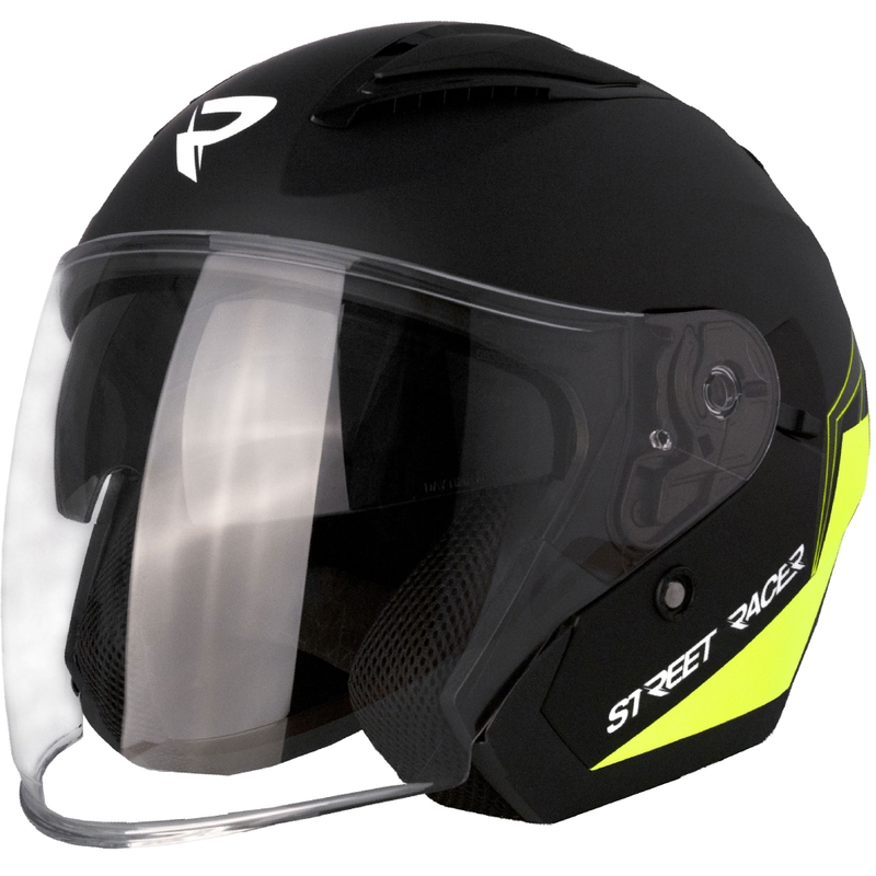 Åben motorcykelhjelm Street Racer Sonic mat sort-fluo gul - II. kvalitet