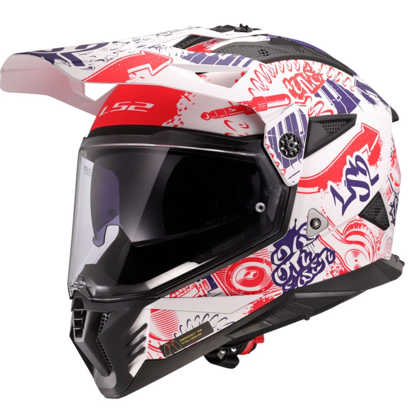 Enduro motorcykelhjelm LS2 MX702 Pioneer II Fantasy hvid-rød-blå