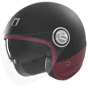 Åben motorcykelhjelm NOX PREMIUM Heritage matsort med rødt læder