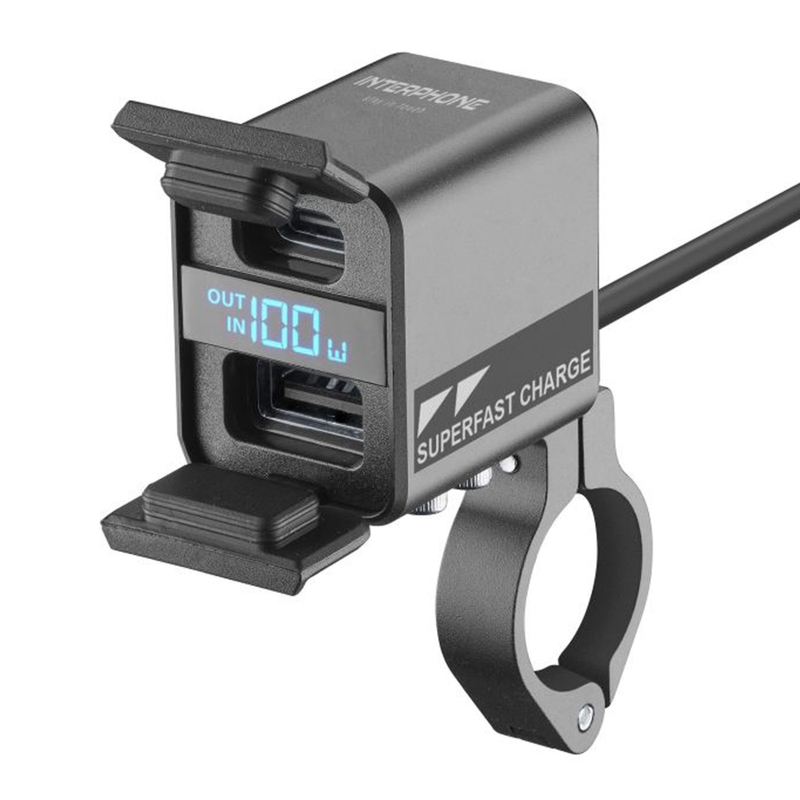 Interphone USB-C, USB-A oplader med motorcykelbatteriopladning, sort