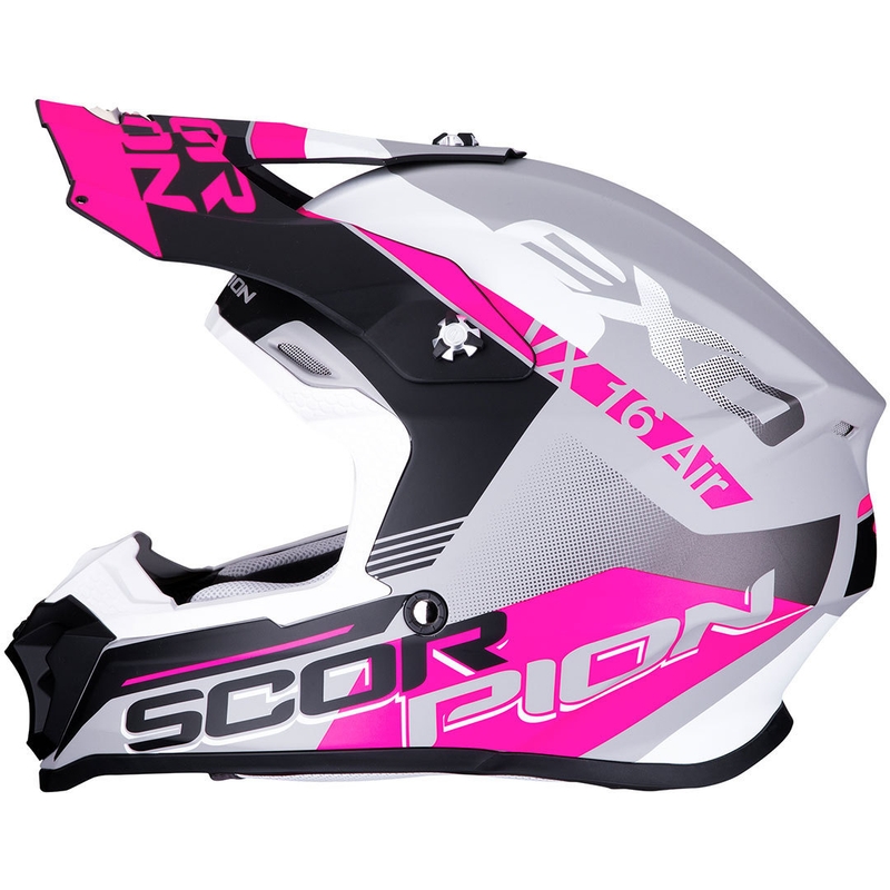 Motokrosová přilba Scorpion VX-16 Air Arhus stříbrno-černo-růžová