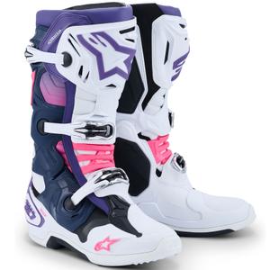 Alpinestars Tech 10 motorcykelstøvler hvid-lilla-blå-fluo pink