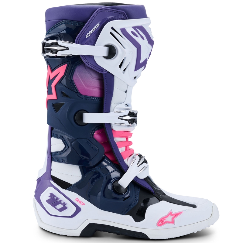 Alpinestars Tech 10 motorcykelstøvler hvid-lilla-blå-fluo pink