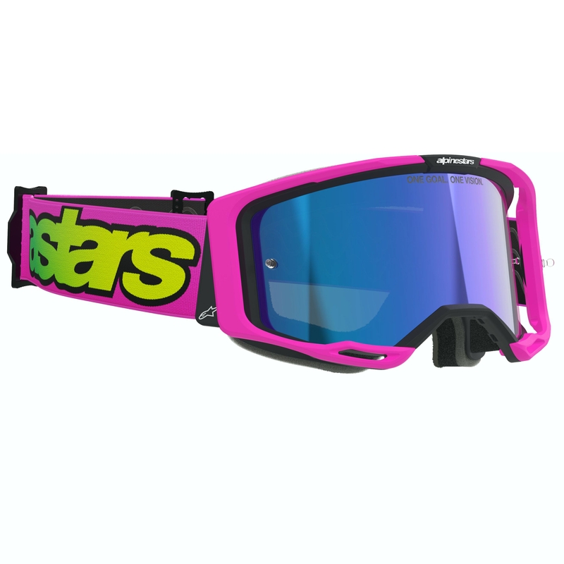 Alpinestars Vision 8 Vista fluo pink-fluo gulgrønne motocrossbriller med spejlblank blå linse