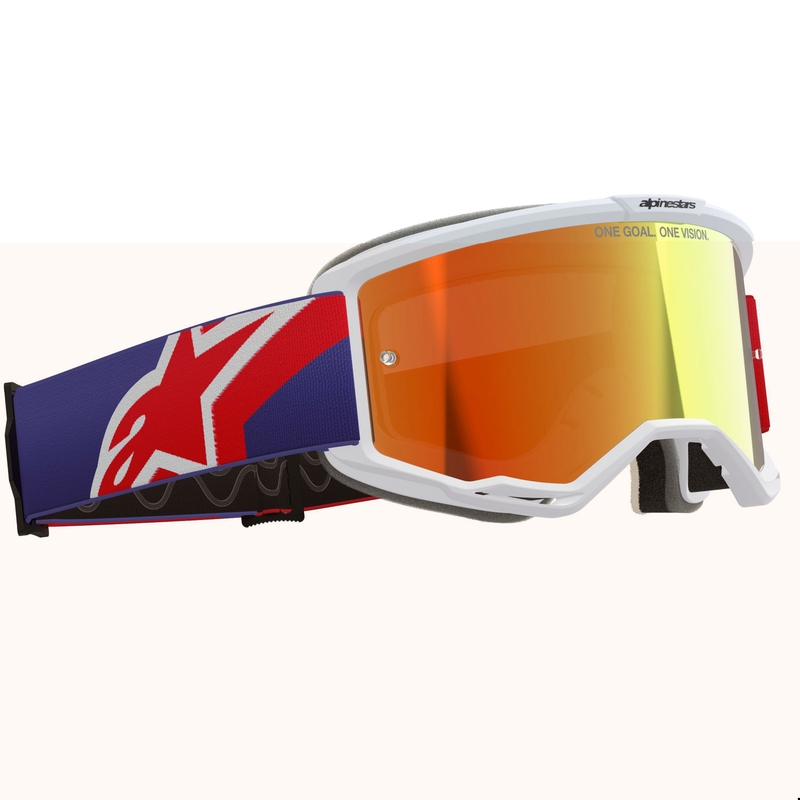 Alpinestars Vision 5 Corp motocrossbriller hvid-blå-rød med spejlvendt rød linse