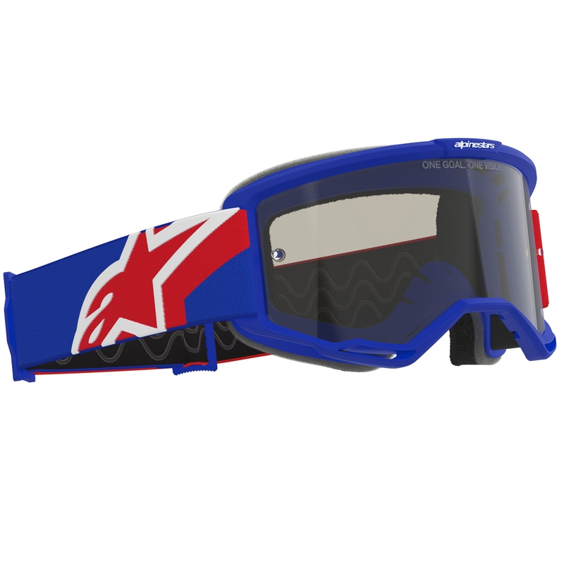 Alpinestars Vision Sand motocrossbriller blå-rød-hvid med mørk røgfarvet linse