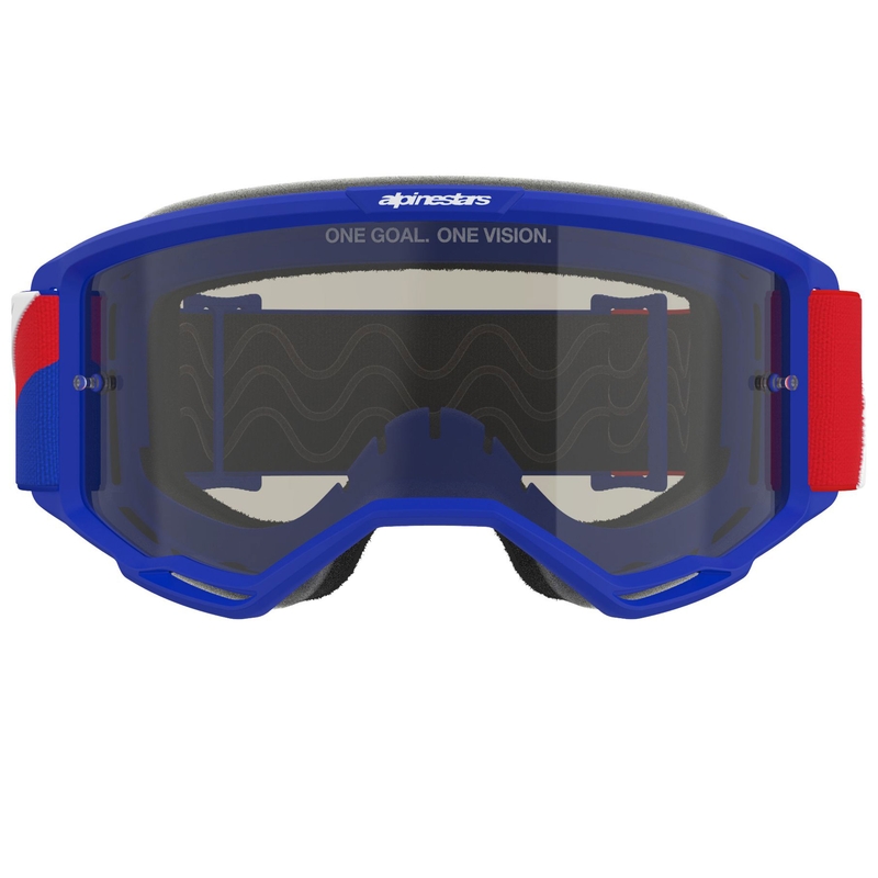 Alpinestars Vision Sand motocrossbriller blå-rød-hvid med mørk røgfarvet linse