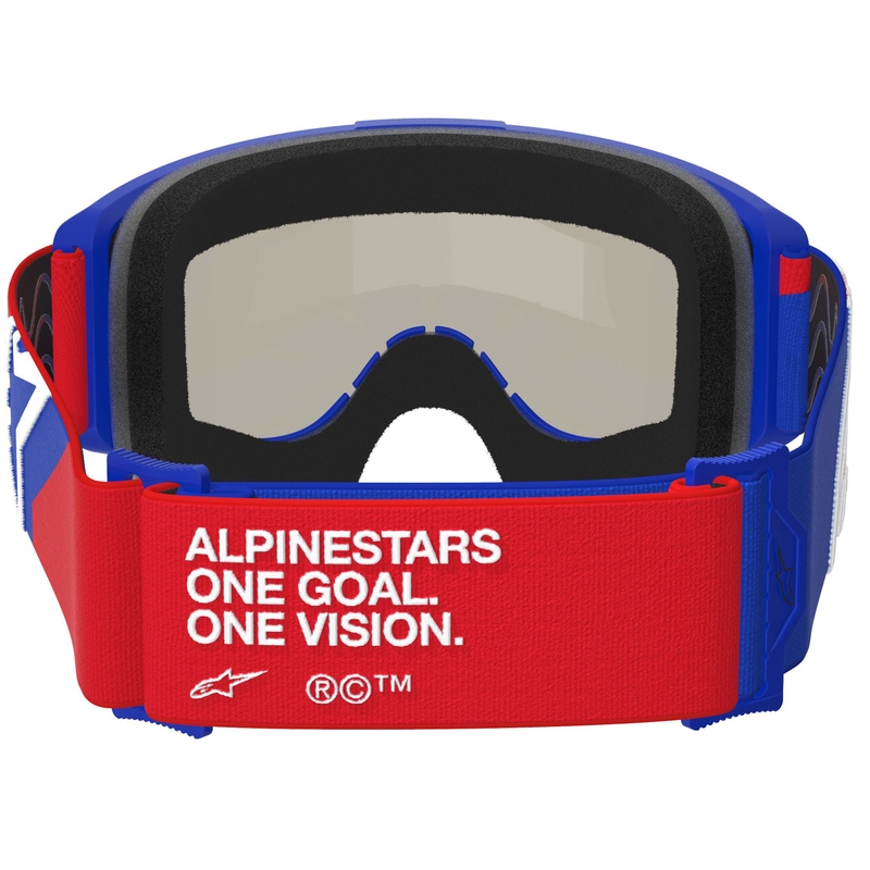 Alpinestars Vision Sand motocrossbriller blå-rød-hvid med mørk røgfarvet linse