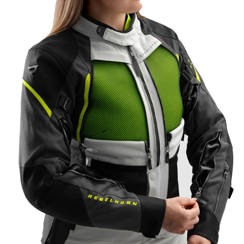 Dame motorcykeljakke Rebelhorn Hardy 3.0 sort-grå-fluo gul